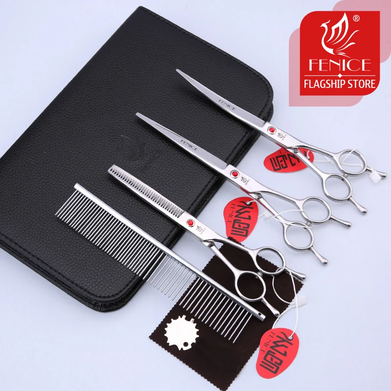 Fenice-Juego de tijeras de aseo profesional para perros, kit de tijeras rectas, curvadas y de adelgazamiento, 7/7 pulgadas, 5/8 pulgadas