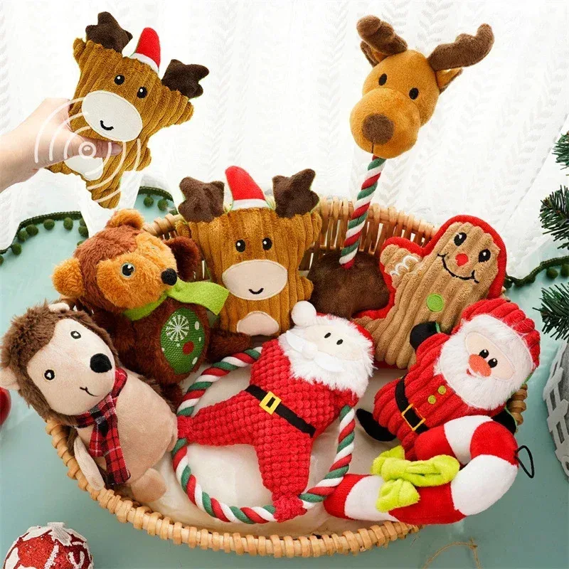 Juguete de peluche para masticar perros de Navidad, serie de dibujos animados de donut de hombre de jengibre de alce de Papá Noel, juguete para mascotas con ruido chirriante adecuado para perros y gatos
