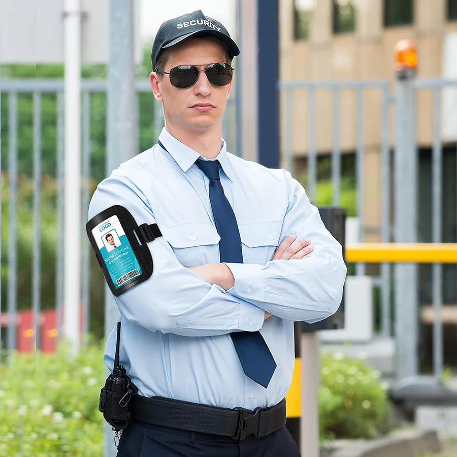 Bandas de brazo horizontales de cuero PU de alta calidad, funda para Tarjeta De Nombre ajustable impermeable, funda elástica para tarjeta de paso - imagen 3