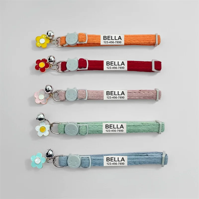 Etiqueta de identificación de mascota personalizada, Collar de pana ajustable para gato, Collar de cuello bonito con campana para perros pequeños, cachorros y gatitos