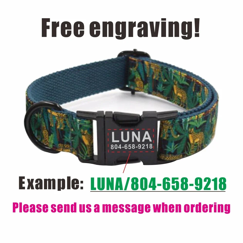 Collar de perro personalizado con grabado gratuito, correa para mascotas a juego, hebilla de Metal de contactos personalizados, Collar para cachorro de leopardo y jungla - imagen 4