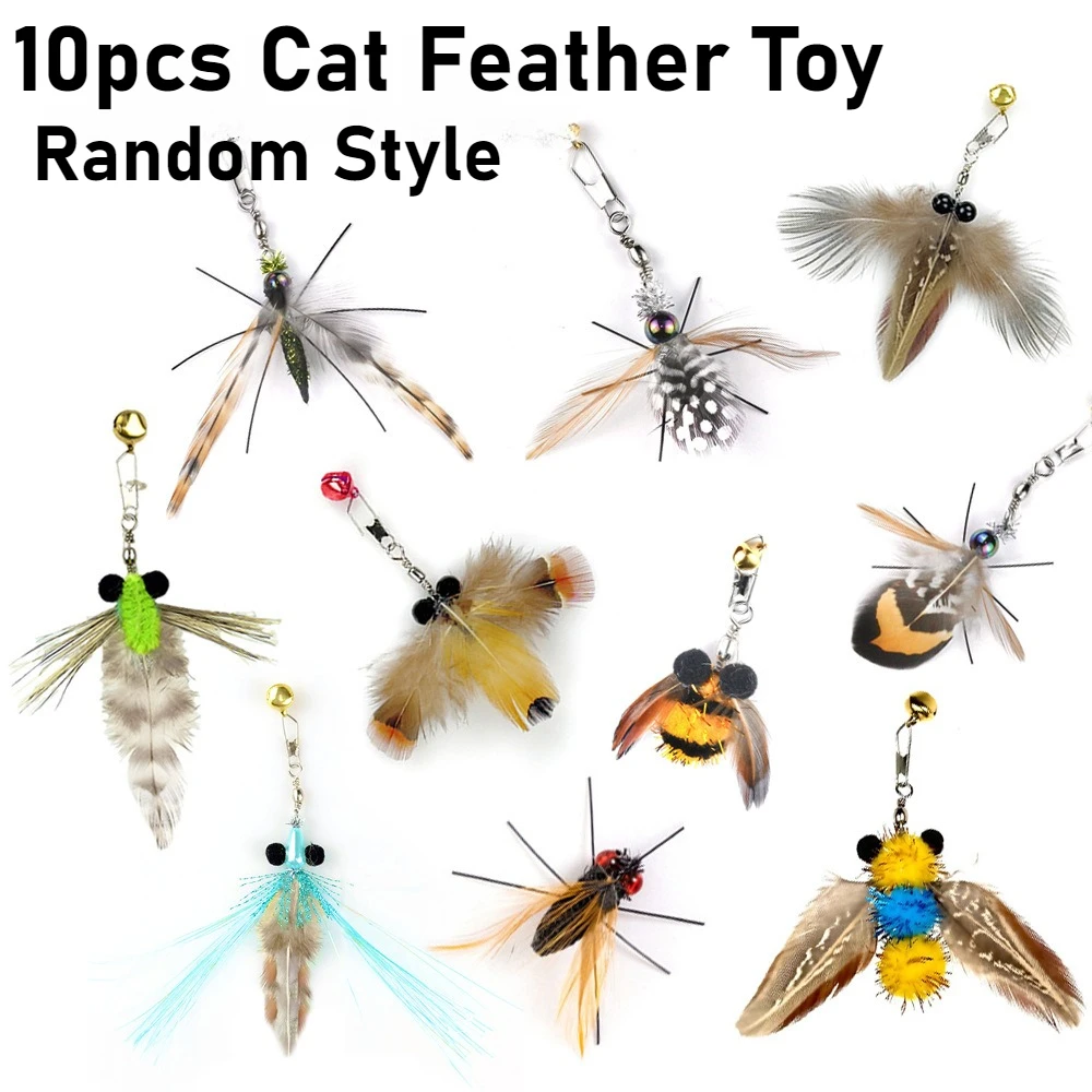Juguete de plumas para gatos, 5/10 Uds., insecto simulado, palo para gato, cabezales de repuesto, cascabel interactivo para gatos, juguetes de campana, estilo aleatorio