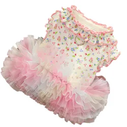 Vestido de malla floral bordes enrollados para gatos y perros pequeños
