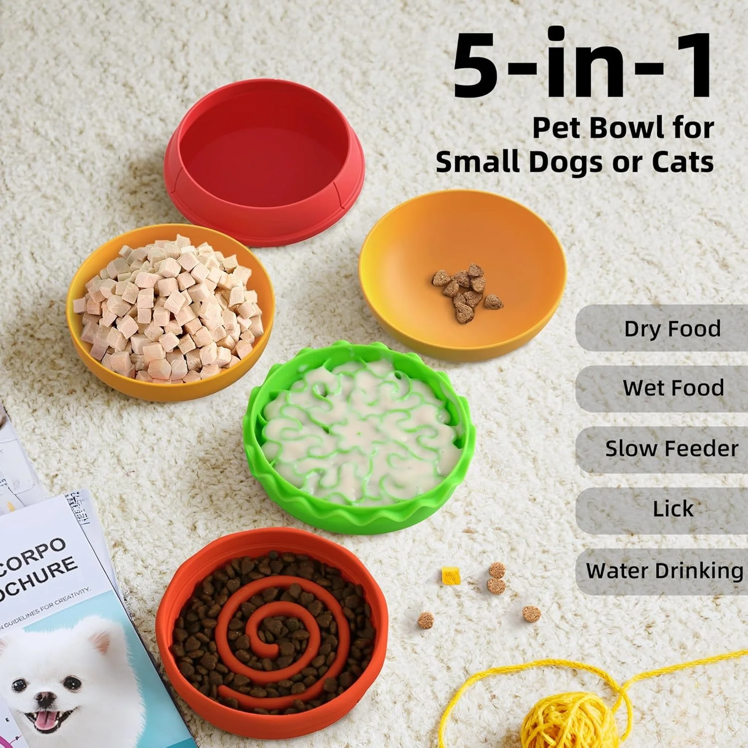 Juego de cuencos para gatos 5 en 1, cuenco de comida para perros y gatos con forma de hamburguesa colorido y bonito de 6,1 pulgadas apilable para fácil almacenamiento y viajes - imagen 2