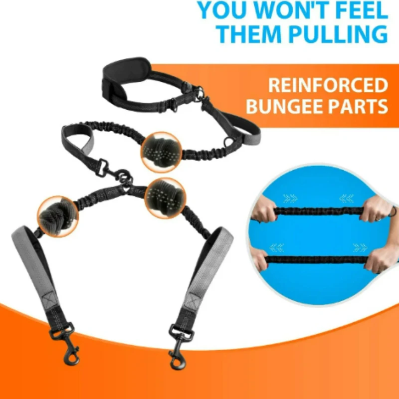 Correa doble para perros medianos/grandes, cinturón ajustable con puntadas reflectantes, Control Dual para caminar y correr - imagen 4