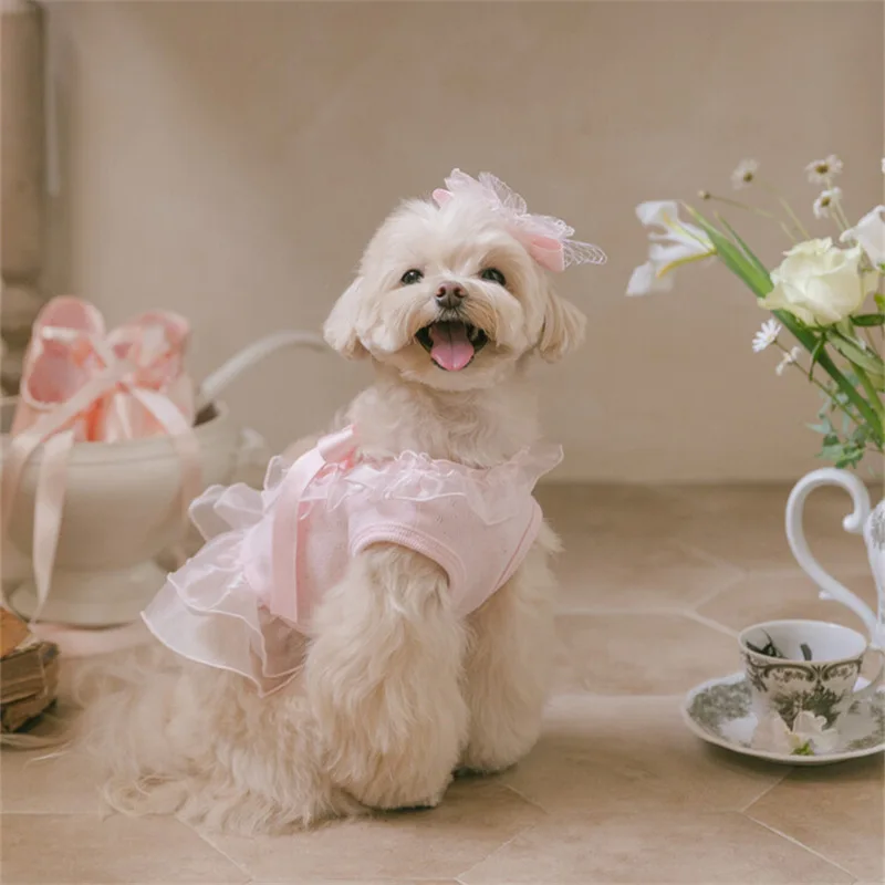 Vestido de princesa con volantes y lazo de malla tejido para mascotas, diadema con lazo, vestidos para perros pequeños, ropa para cachorros, primavera - imagen 4