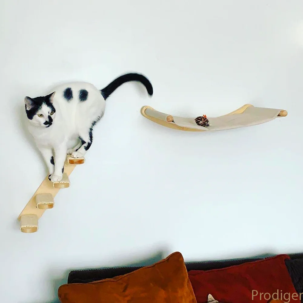 Hamaca montada en la pared para gatos, muebles de madera maciza, combinación de perchas, árbol de escalada para jugar y descansar - imagen 4