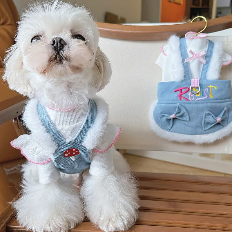 Falda vaquera con lazo para perro, falda de felpa con tirantes, vestido antideslizante para perro, falda vaquera para mascota, falda de peluche, ropa para perros pequeños, vestido para cachorro - imagen 3