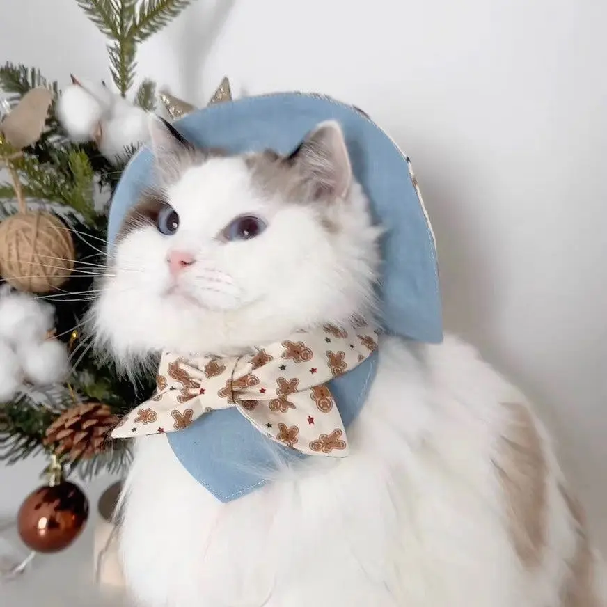 Man Print Triangle Scarf & Hat Set For Small Dogs And Cats Blue White Kawaii Pet Clothes, Adjustable Spring Summer Outfit