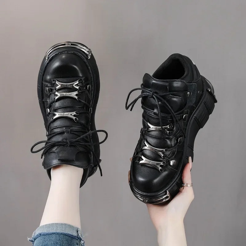 Zapatos gruesos Punk oscuro para mujer, botines con plataforma, zapatos con cordones de estilo gótico, botas de moto de Metal, botas gruesas con punta redonda - imagen 4