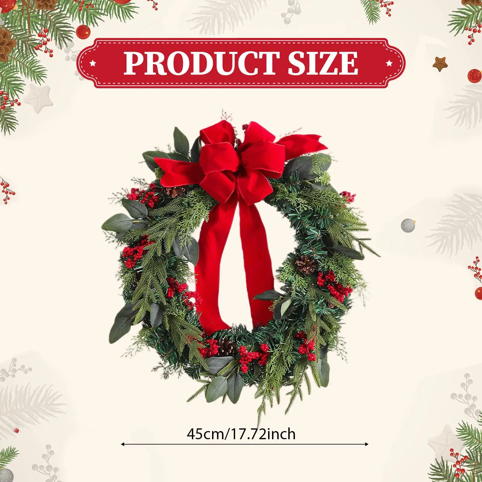 Front Door Christmas Wreath, Decorative Garland Wall Hanging Christmas Decor, Decoration for Farmhouse Holiday Fireplace Porch