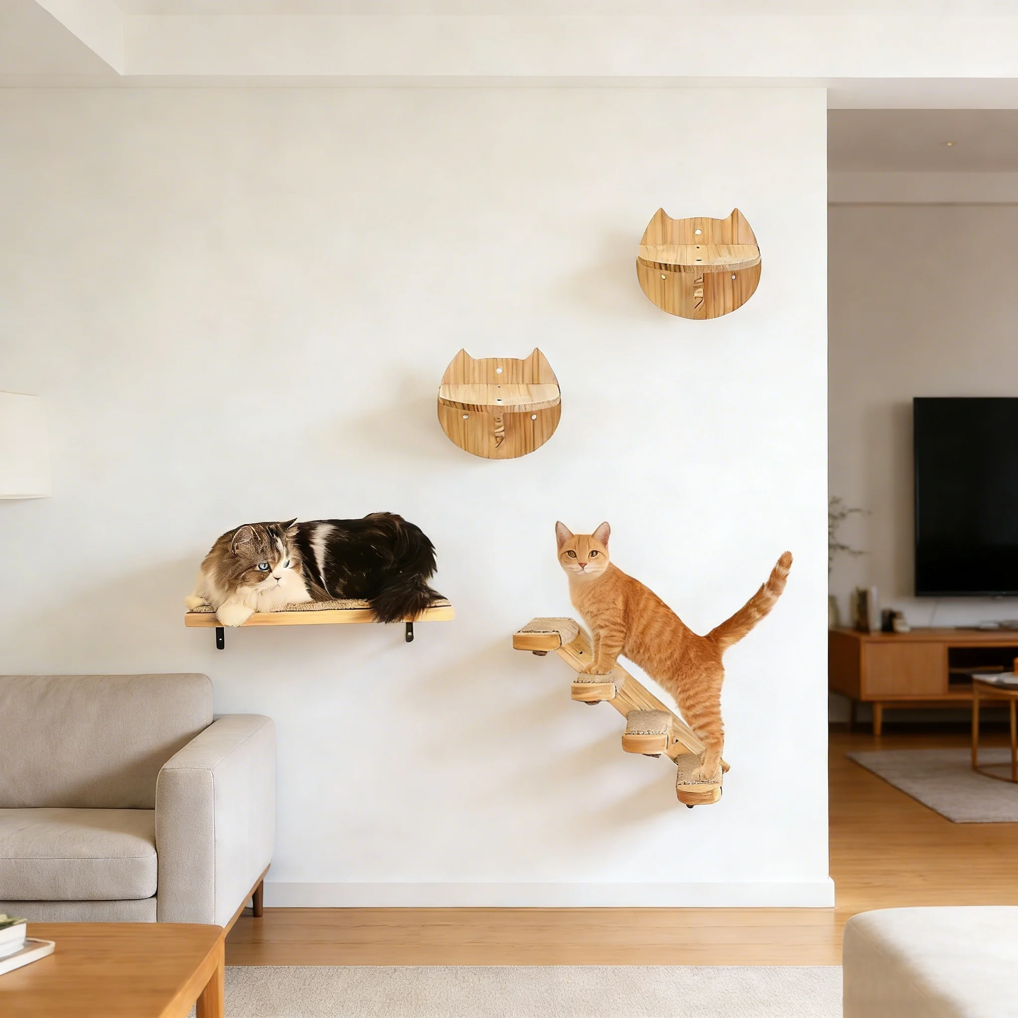 Conjunto muebles pared madera para gatos: escalada, rascador y hamaca