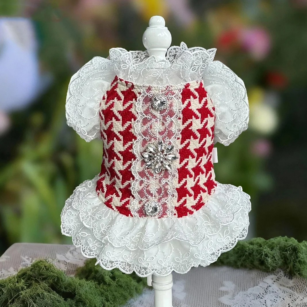 Vestidos a cuadros de Tweed para perros pequeños, vestido de princesa para perros, vestido de boda para mascotas, ropa Formal para fiesta de cumpleaños, vestido de tul para perros
