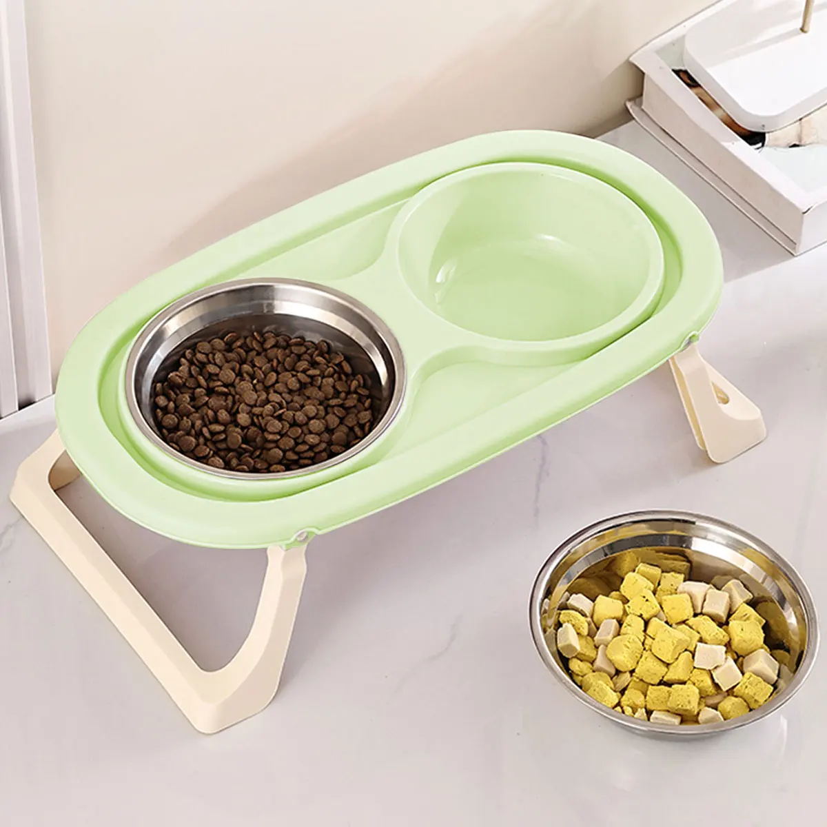 Cuenco plegable de acero inoxidable para mascotas, cuenco de comida para gatos, cuenco de comida para perros, protección del cuello, doble cuenco de pie alto, 1 ud. - imagen 4
