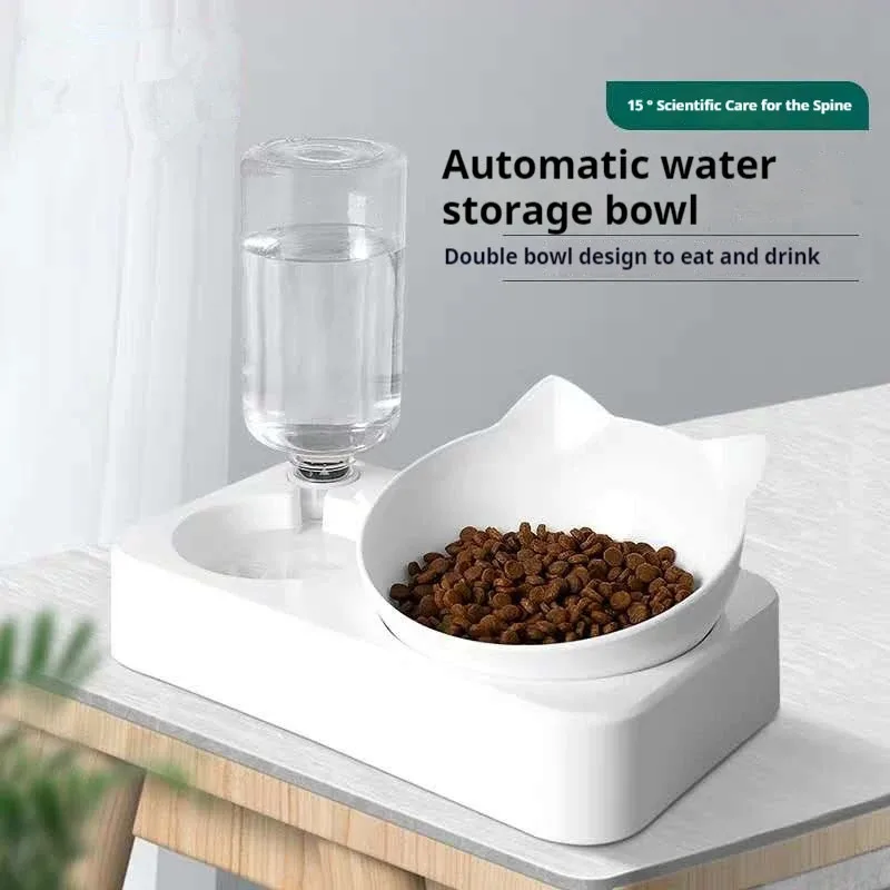 15 °   Cuencos dobles inclinados para mascotas: cuenco elevado para comida y agua para perros y gatos con botella de agua automática