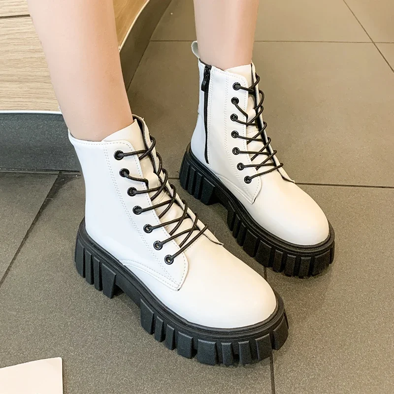Botas de combate de plataforma gruesa blanca para Mujer, botines de cuero Pu con cremallera trasera, Botas de motocicleta con parte inferior gruesa Punk para Mujer - imagen 5