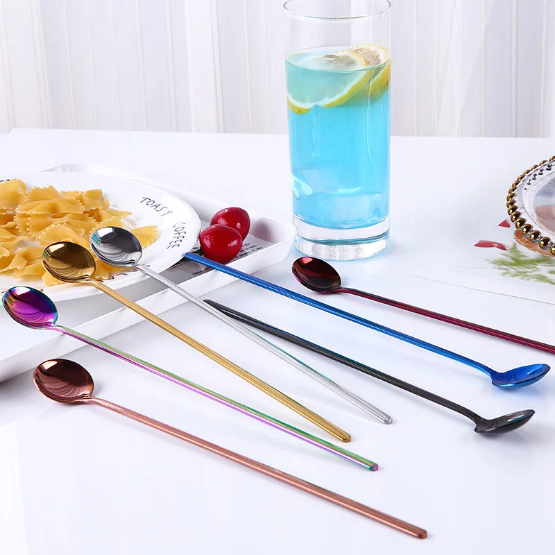 Cucharaditas de acero inoxidable con mango largo, cuchara para agitar té, café, helado, Bar, bebida, cóctel, cuchara mezcladora caliente, 24cm, nuevo - imagen 5