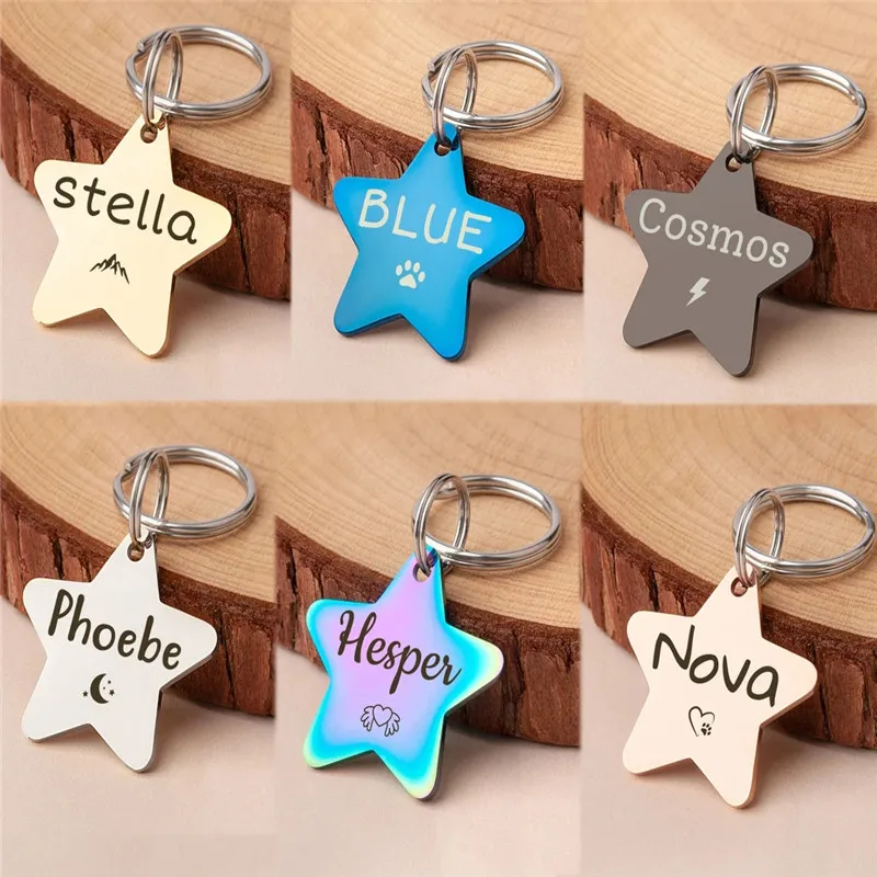 Etiquetas personalizadas para perros y gatos grabadas en ambos lados, colgantes de identificación de mascotas de acero inoxidable con forma de estrella, placa de identificación personalizada para cachorros y gatitos - imagen 2