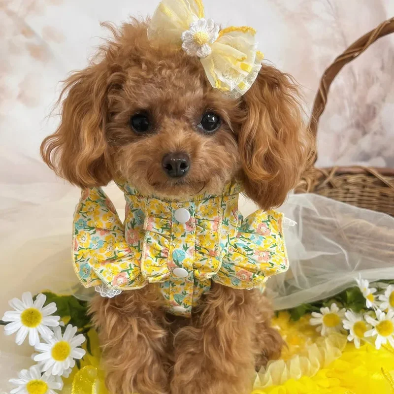 Ropa para mascotas, vestido Floral de verano, camisa con mangas voladoras para cachorros, camiseta sin mangas para perros, vestido con lazo Floral de peluche, ropa refrescante para perros pequeños - imagen 5