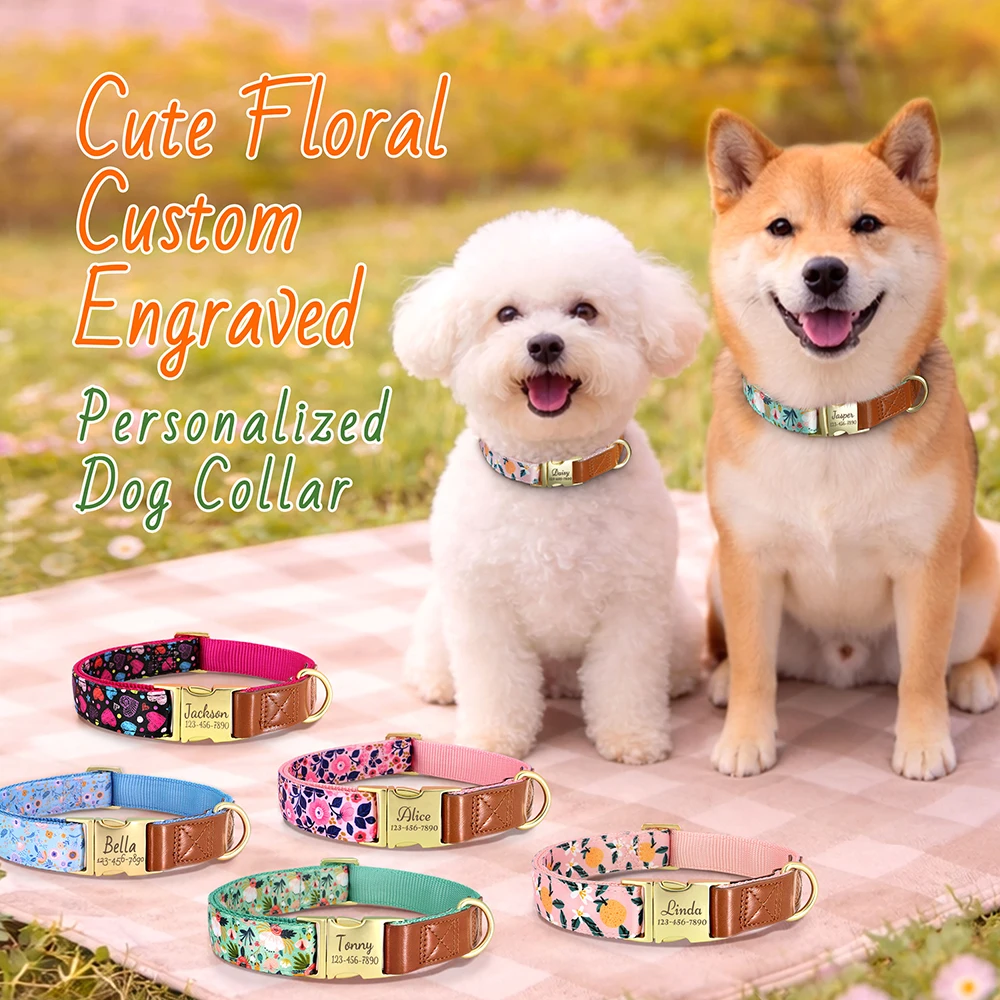 Collar para perro personalizado – Diseño floral con grabados