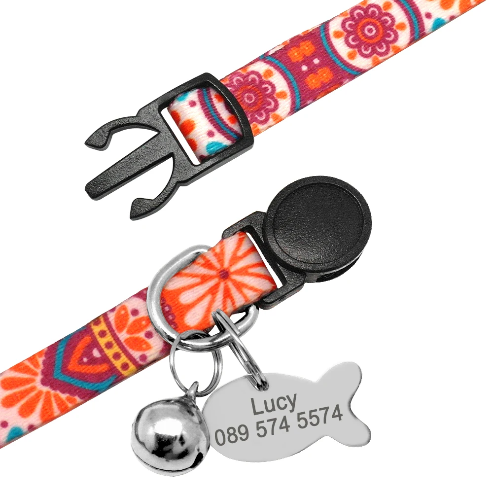 Collar de gato personalizado con estampado bonito, collares de gatito personalizados de liberación rápida con campana grabada, collar para gatos, accesorios para gato - imagen 5