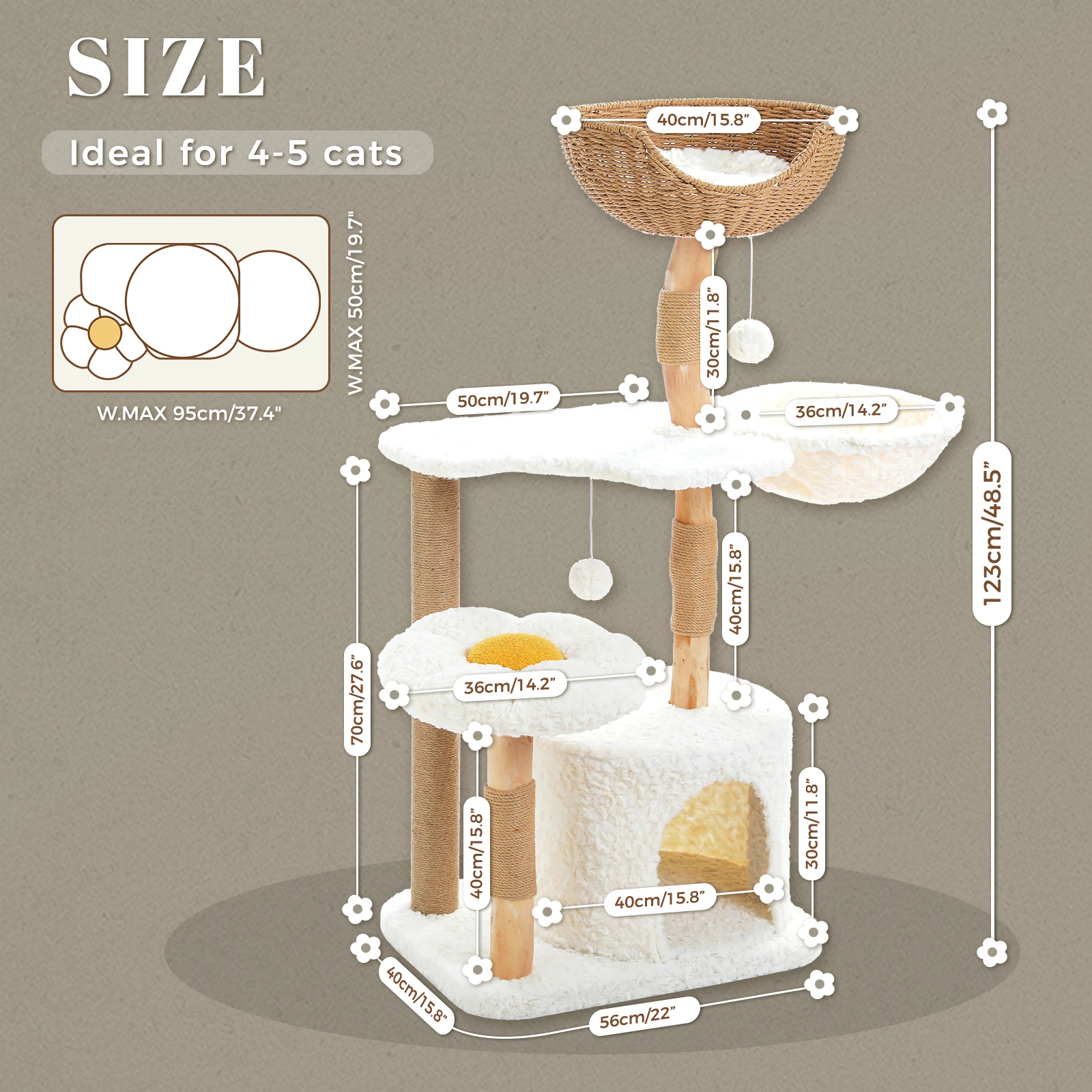 Torre de lujo para gatos con acogedor condominio para gatos, hamaca, poste para rascar, perca de flores extraíble, correa antidesaparate para gatos de interior - imagen 2