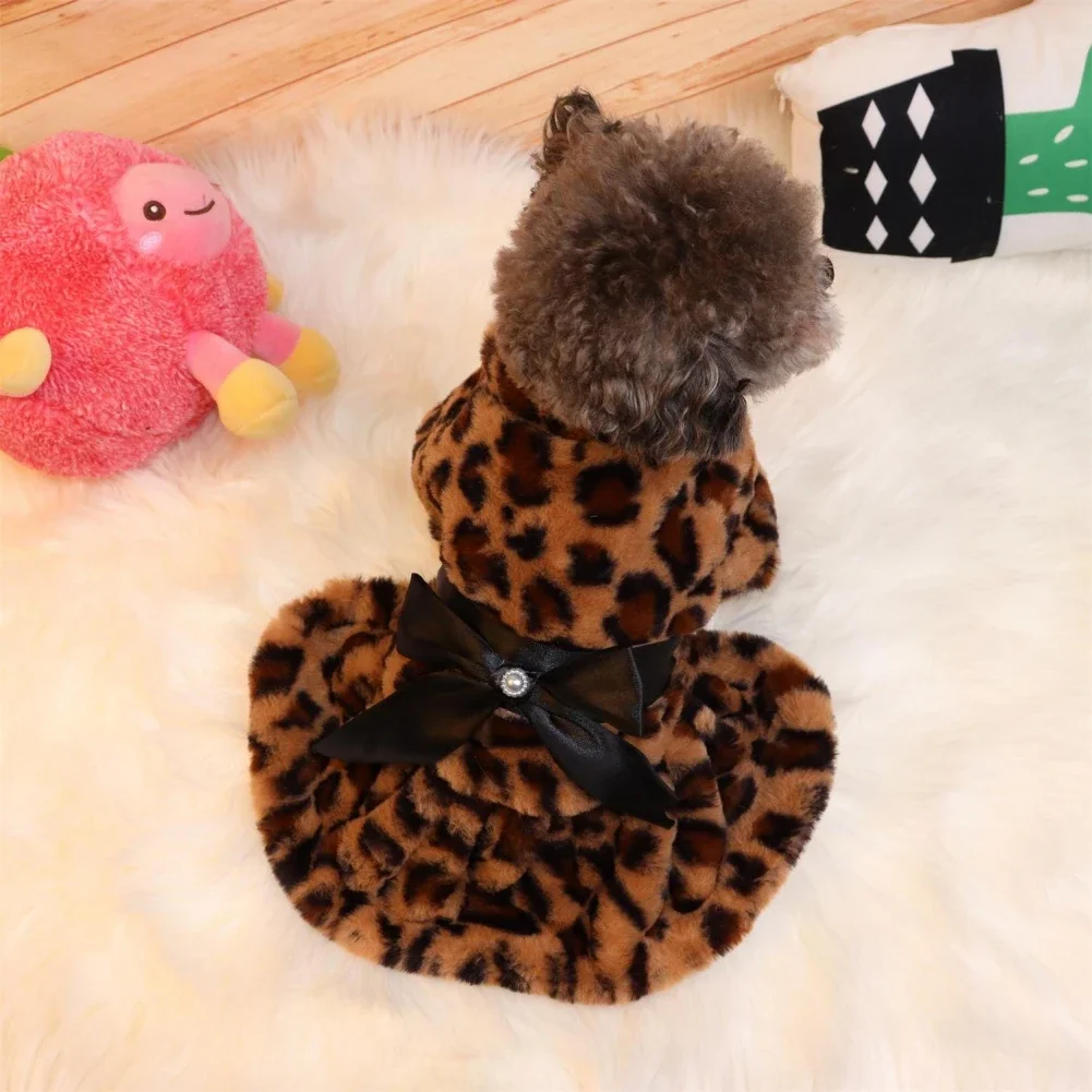Vestido cálido para perros, falda con lazo y leopardo para perros, vestidos suaves de lana para cachorros pequeños, ropa para perros y gatos, ropa para Chihuahua y Pug - imagen 2
