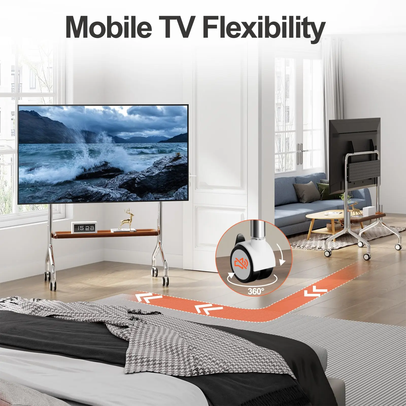 Soporte móvil para TV con ruedas de acero inoxidable, portátil - imagen 5