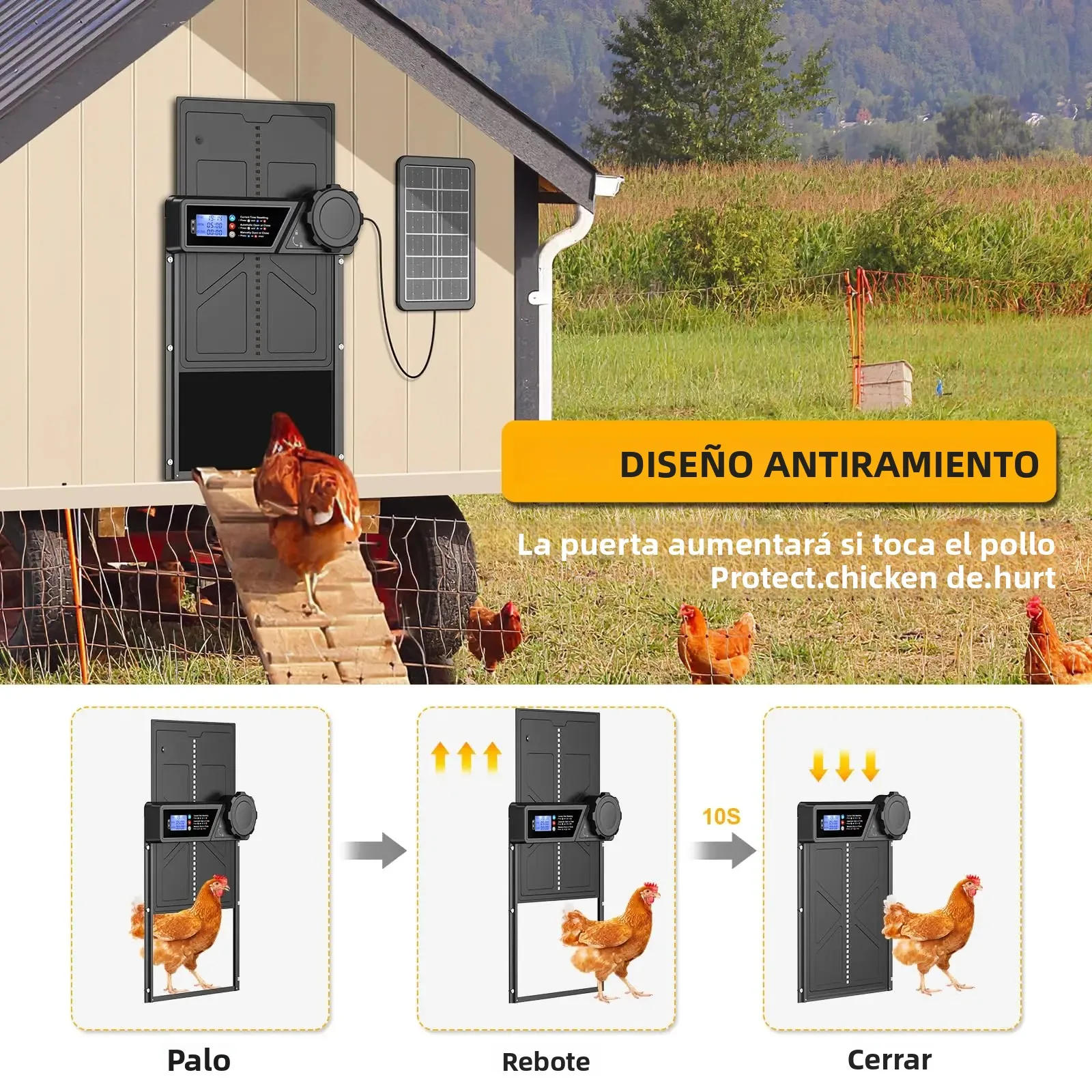 Puerta automática para gallinero con energía solar, pantalla LCD, puerta automática para pollos con temporizador, puerta para pollos de aleación de aluminio con control remoto - imagen 4