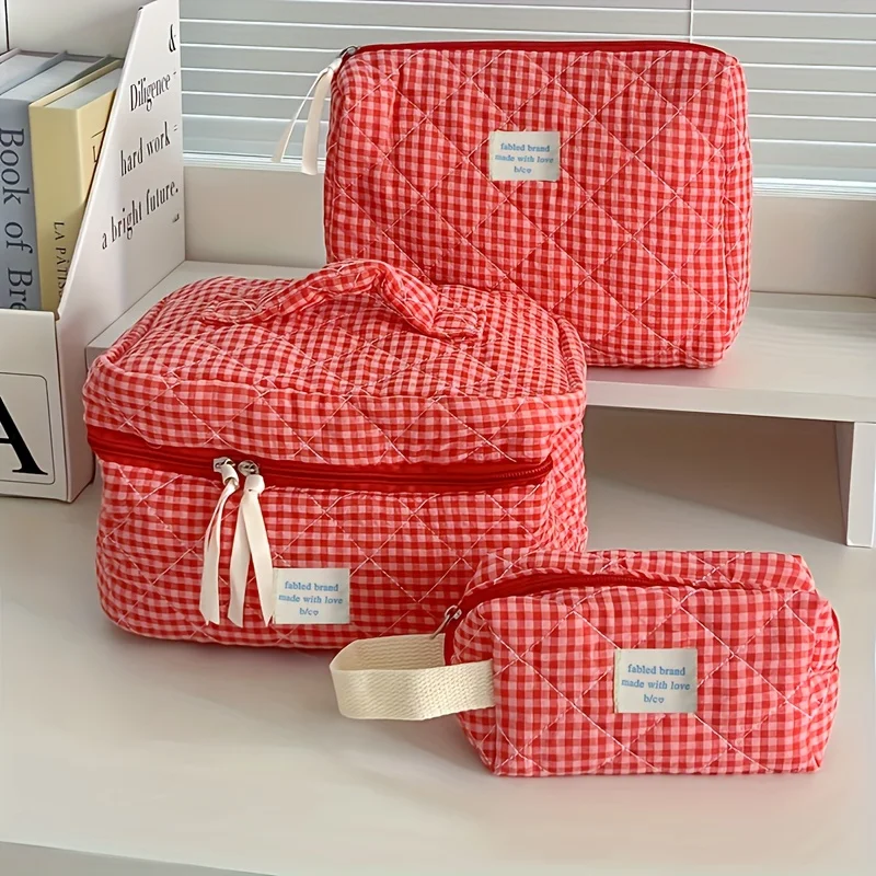 Bolsa de maquillaje a cuadros, bolsa de cosméticos portátil de gran capacidad para mujeres y niñas, bolsa de aseo para el cuidado de la piel, bonita cartera multifuncional