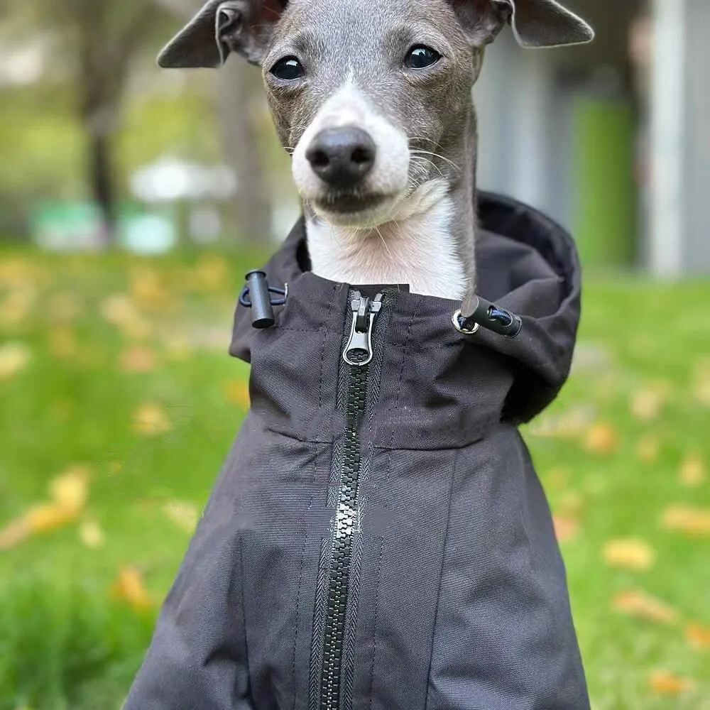 Chaqueta de invierno impermeable a prueba de viento negra para Italia Chubasquero de terciopelo galgo Sudadera con capucha con cremallera de vellón cálido suave para perro - imagen 4