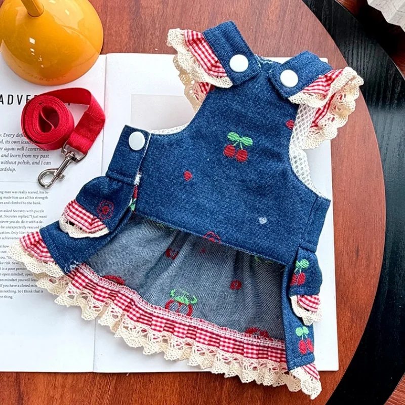 Conjunto de ropa para perros y gatos – Vestido de mezclilla con arnés