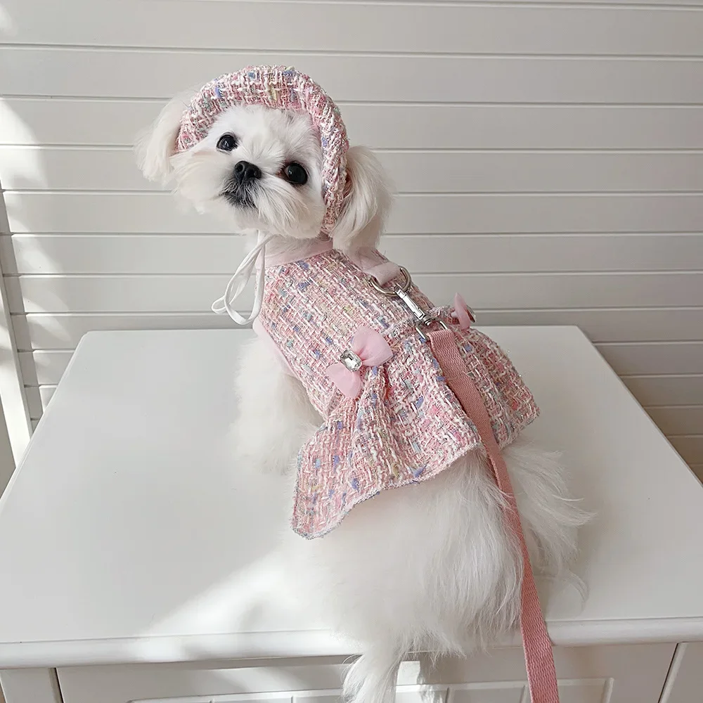 Ropa de princesa de Tweed para perro, vestido con lazo de perlas, Linda falda para perro, chaleco de lujo para cachorro