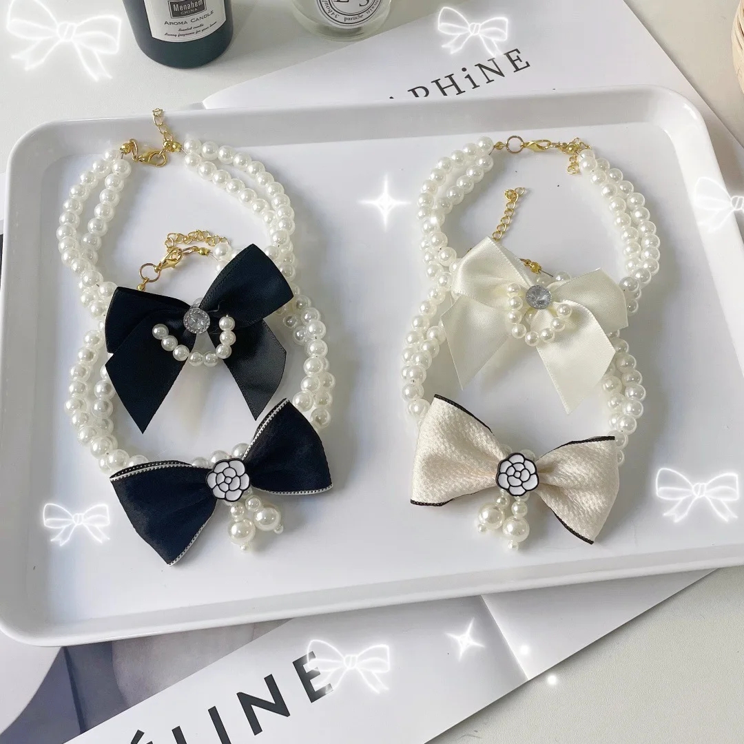 Collar de perlas de doble capa con lazo para mascotas, Collar de cuentas para perros y gatos, Collar de cadena para el cuello, accesorios para perros pequeños, accesorios para cachorros - imagen 2