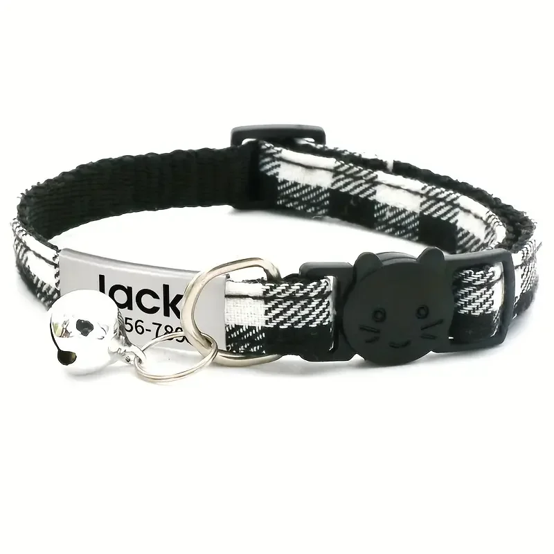 Collar de gato de nailon personalizado, patrones a cuadros, campana, accesorios de seguridad ajustables para gatitos, etiqueta de identificación separable, Collar pequeño para cachorro - imagen 2