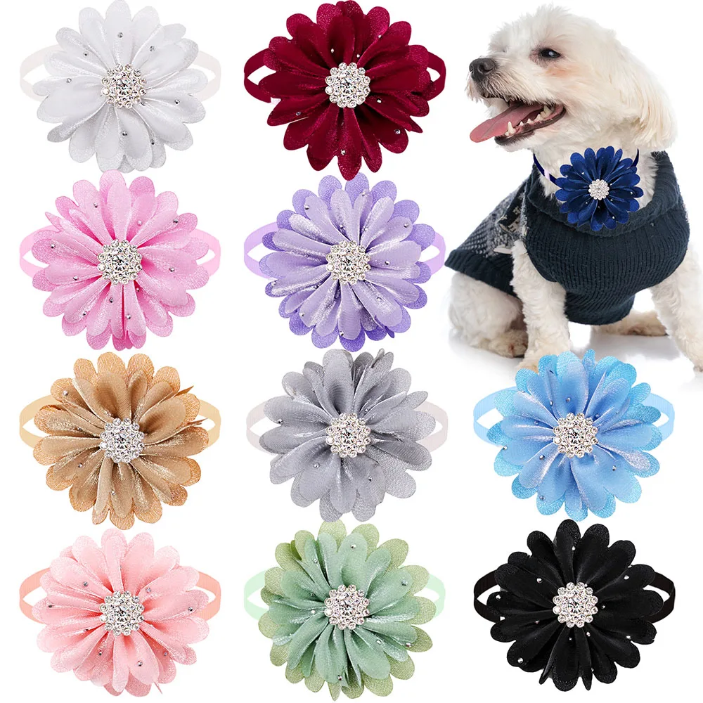 Pajarita con diamantes de flores para perros pequeños, 50 piezas, a la moda, para el cuidado de mascotas