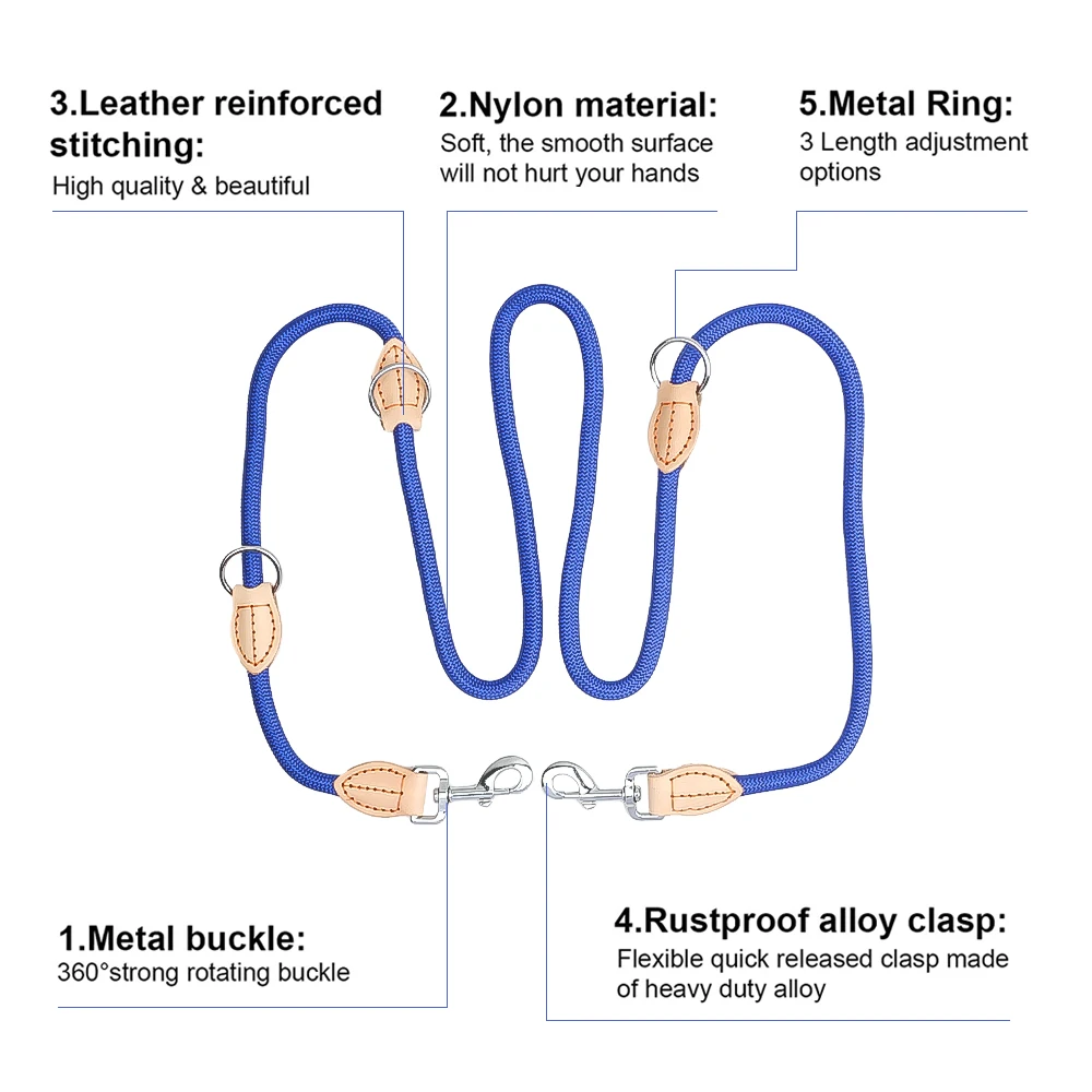 Correa doble multiusos para perros grandes de segunda generación, correa media ajustable y de nailon de lujo con manos libres para 2 perros - imagen 4