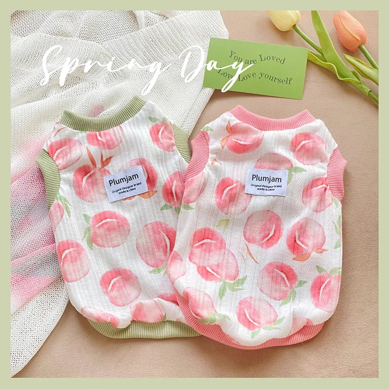 Camiseta sin mangas con estampado de melocotón para mascotas, abrigo inferior bonito para primavera/verano, ropa para mascotas, ropa fina de verano para perros pequeños, transpirable