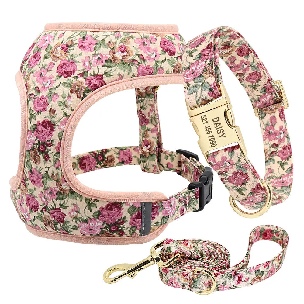Collar de perro con flores personalizado, conjunto de correa con arnés, chaleco para cachorros y gatos con estampado personalizado, correas para perros pequeños y medianos, S-XL - imagen 3