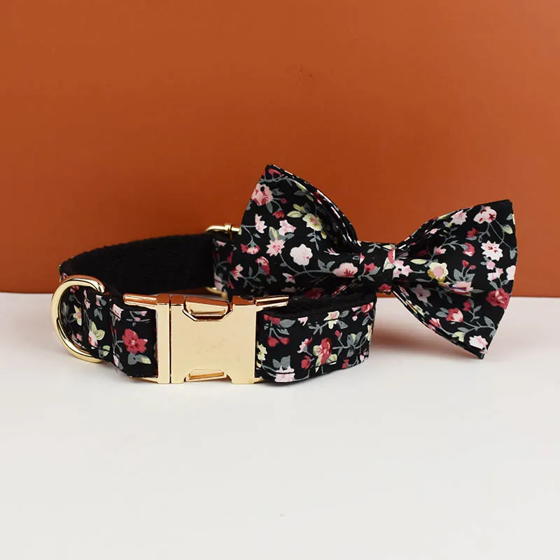 Collar de perro con flores de fondo negro para mascotas, accesorios de moda de lujo, diseño personalizado, logotipo, sublimación de flores, correas, arnés, juego de lazos, 05 - imagen 4