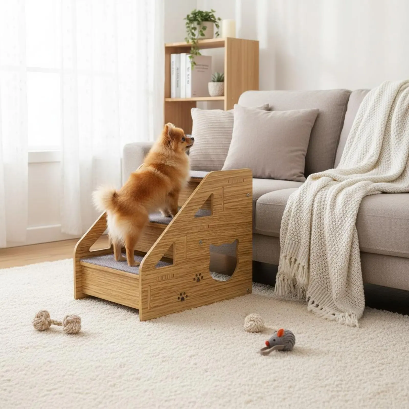 Escalera de madera para gatos y perros – 3 niveles antideslizante - imagen 3