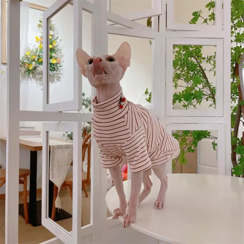 Camisa de algodón rosa dulce con colgante de cereza para gato Abrigo de rayas suaves de invierno para gato Sphynx en otoño pijama de primavera para gatitos - imagen 2