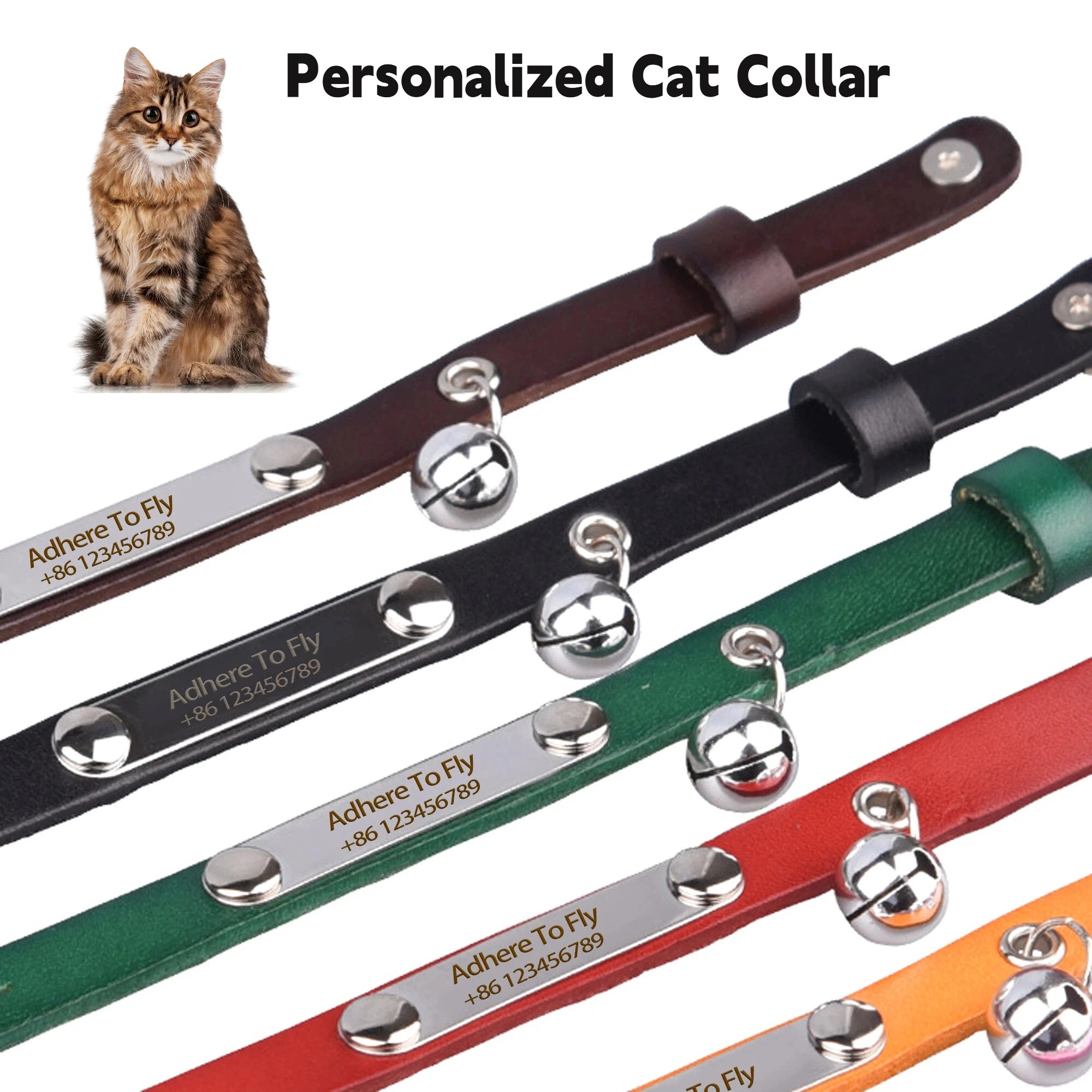 Collar de gato personalizado, collares de cuero ajustables para gatos, collares personalizados con nombre de cachorro y gatito, accesorios antipérdida para gatos