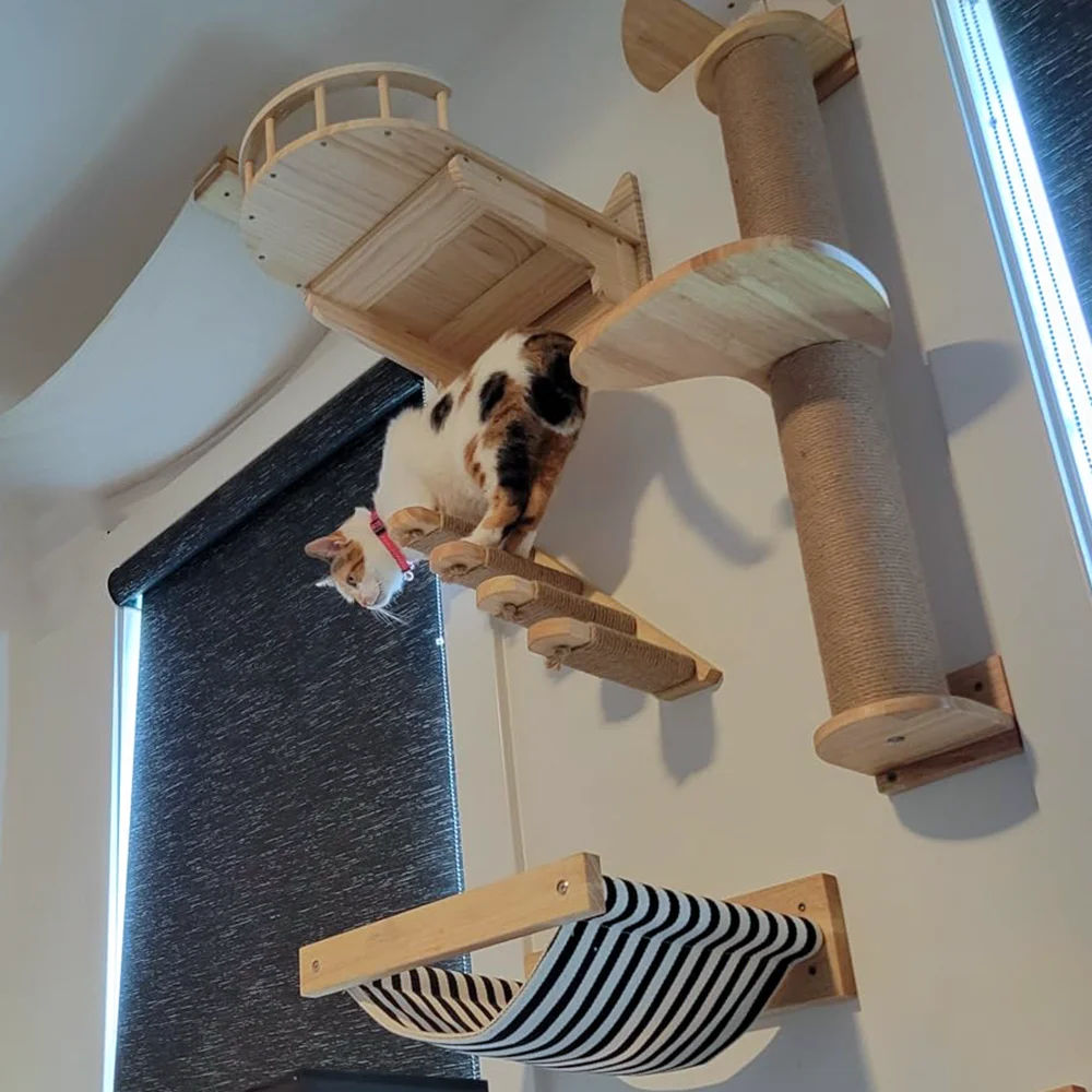 Hamaca montada en la pared para rascar gatos, muebles de madera para árboles de gatos, perchas para árboles trepadoras, camas, juego de escaleras de Sisal para jugar a gatos - imagen 2