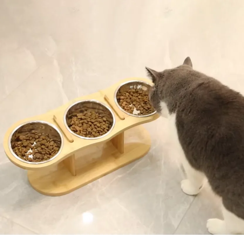 Cuenco antigolpes para comida de mascotas con 3 tazones de acero inoxidable, estante de madera para cuencos para mascotas, ajustable y desmontable, adecuado para gatos y perros - imagen 2