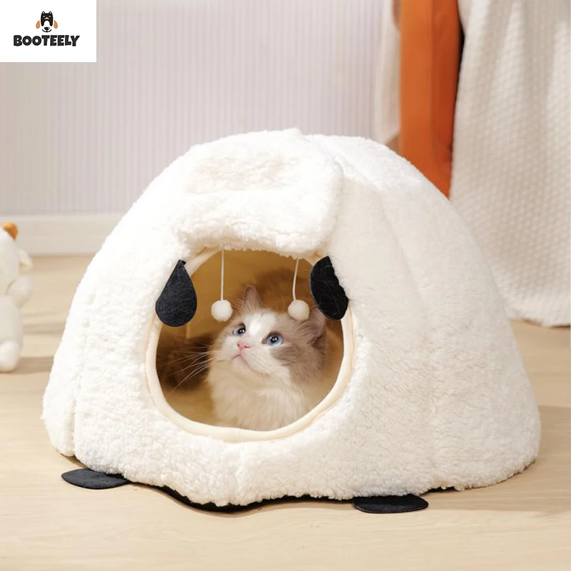 BOOTEELY-casa para gatos tridimensional semicerrada con forma de oveja, cálida, para invierno, cama Universal para gatos para las cuatro estaciones