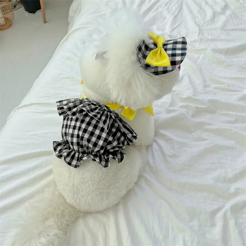 Camisola a cuadros de primavera para mascotas, chaleco con orejas de osito, sombrilla, sombrero, Top pequeño y mediano para gato, conjunto de camiseta de 2 piezas - imagen 5