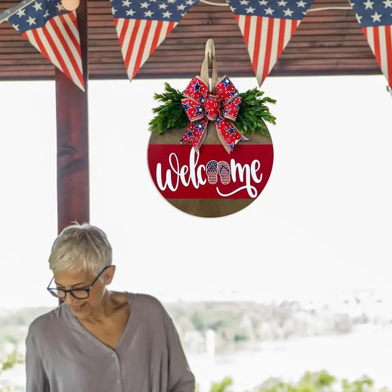 Colgador de puerta patriótico, señal de bienvenida para el día de la independencia, corona Artificial con lazo, rojo, blanco y azul - imagen 3