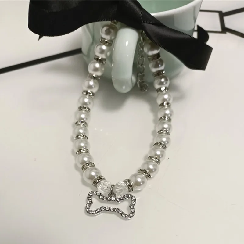 Collar de perlas de imitación para mascotas, accesorios para gatos y perros, colgante de hueso con incrustaciones de diamantes, Cinta Negra, accesorios para mascotas - imagen 5