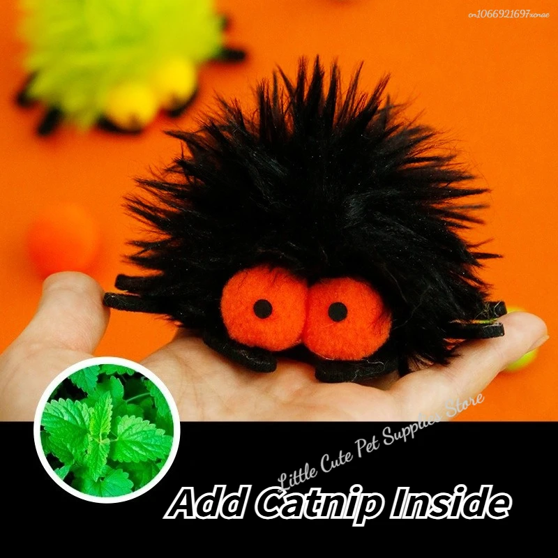 Juguetes de hierba gatera para Halloween que no se pueden morder fácilmente, divertido gato, suministro para mascotas, arañas de pelo largo de felpa con campanas, juguete interactivo para gatos - imagen 2